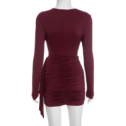 Crew Neck Solid Slim Sheath Dress Fashion Women Long Sleeve Short Wrap High Waisted Mini Dresses Lady 2026 Party Evening Gown