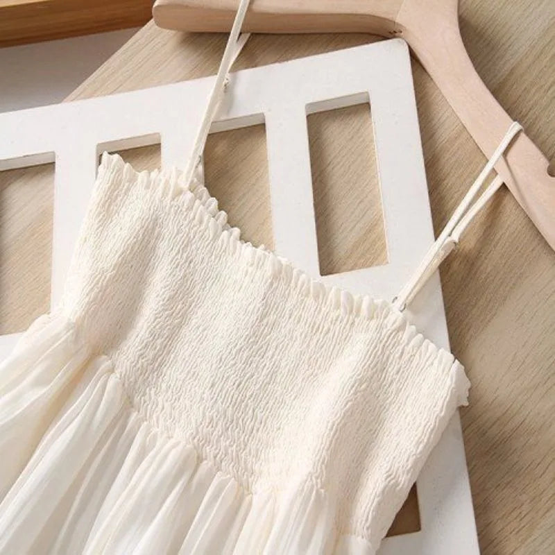 White Spaghetti Strap Dresses Women French Style Backless Hotsweet Mini Casual Holiday Summer Female Temperament Ruffles Chic