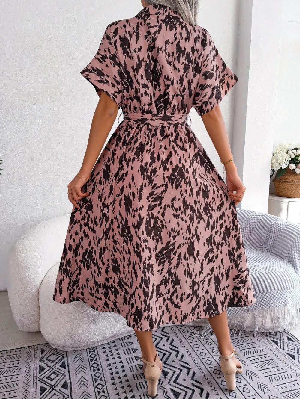 Ficusrong Women Summer Casual Loose Leopard Lace Up Shirt Dress For Ladies Fashion All Match Chic Dresses