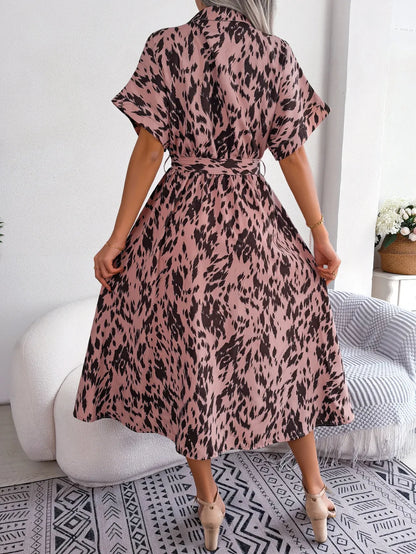 Ficusrong Women Summer Casual Loose Leopard Lace Up Shirt Dress For Ladies Fashion All Match Chic Dresses