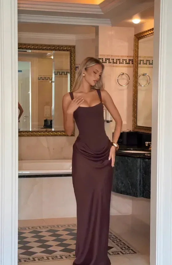 Solid Pleated Sling Dress Square Neck Sleeveless Off-shoulder Waist Cinching Slim Women Dresses Fashion Evening Party Gowns 2025