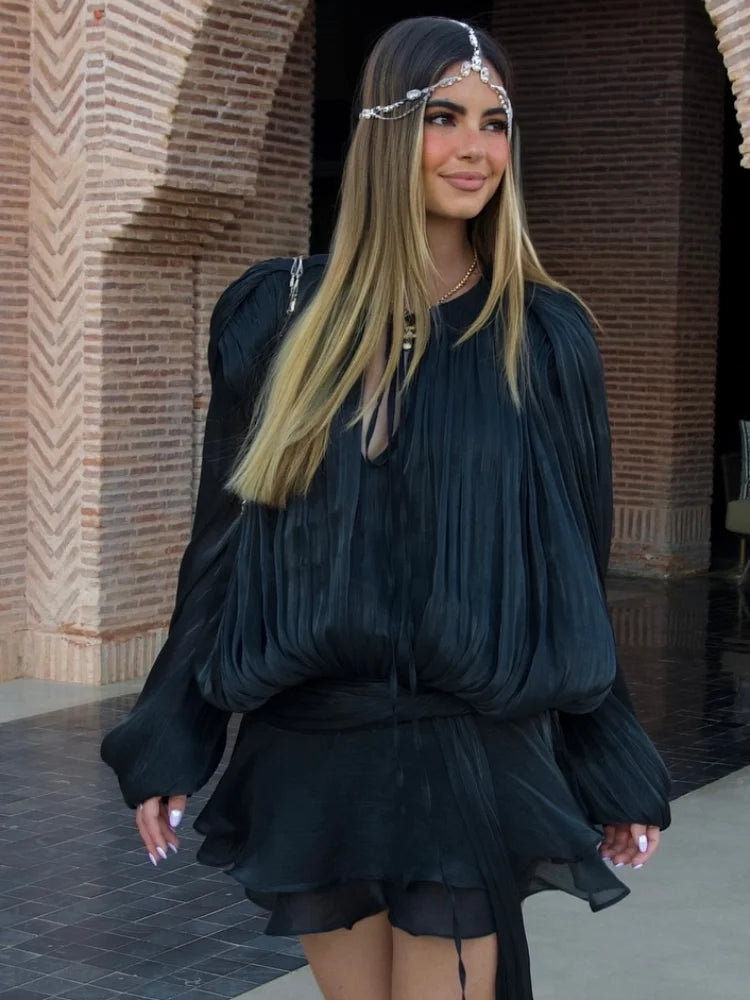 Fashion Solid Mesh Long Sleeved Backless Pleated Prom Dresses Chic Ruffle Bow Lace Up Women Mini Dresses Lady Spring Party Robe