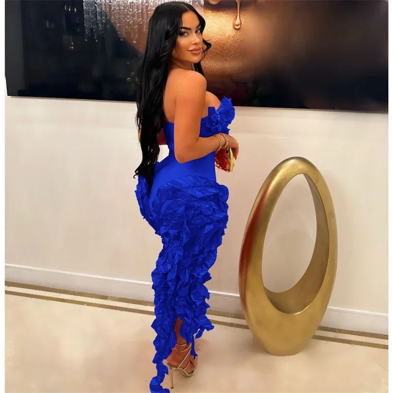 Elegant Ruffles Tassel Birthday Dress for Women 2024 Night Party Celebrity Irregular Strapless Sleeveless Evening Long Dresses