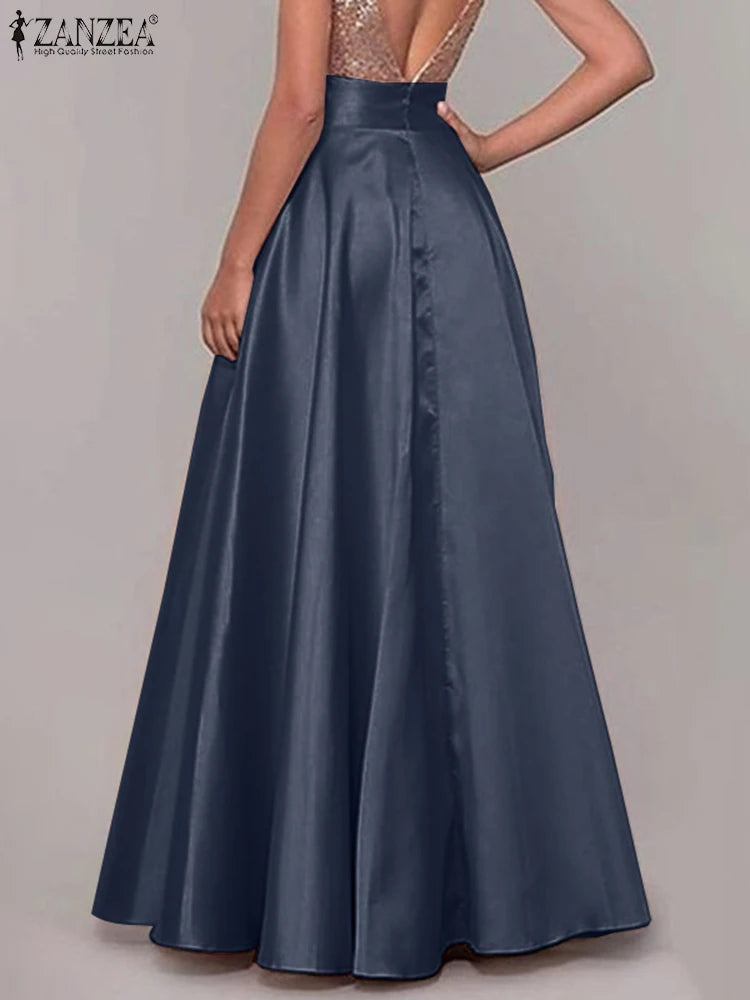 ZANZEA Women Satin Silk Black Maxi Long Skirts Elegant Luxury High Waisted A-Line Party Jupe Femme with Back Zipper Faldas Mujer