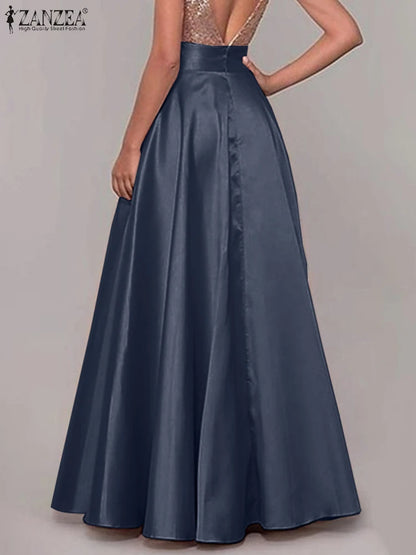 ZANZEA Women Satin Silk Black Maxi Long Skirts Elegant Luxury High Waisted A-Line Party Jupe Femme with Back Zipper Faldas Mujer