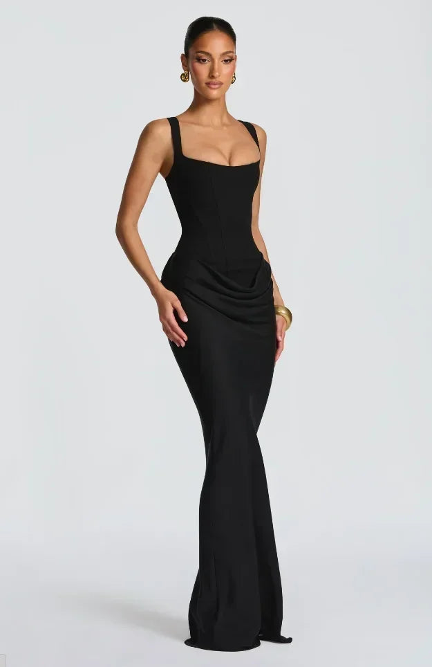 Solid Pleated Sling Dress Square Neck Sleeveless Off-shoulder Waist Cinching Slim Women Dresses Fashion Evening Party Gowns 2025