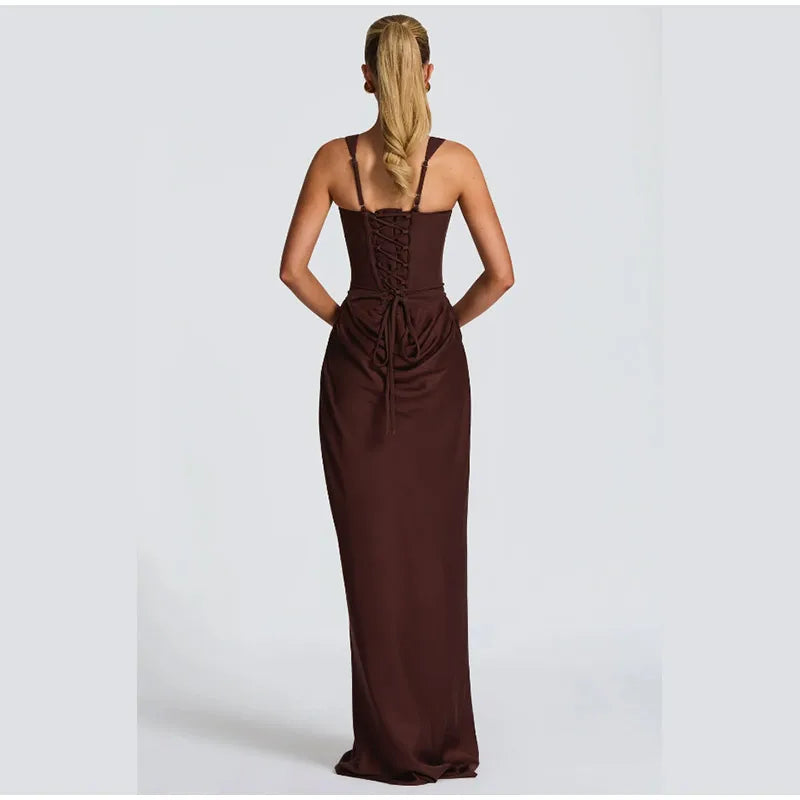 Women Brown Square-neck Pleated Sling Maxi Dress Sexy Sleeveless Off-shoulder Waist Cinching Slim Dresses Evening Party Gown