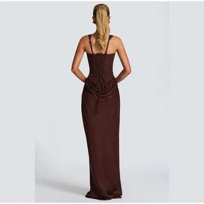 Women Brown Square-neck Pleated Sling Maxi Dress Sexy Sleeveless Off-shoulder Waist Cinching Slim Dresses Evening Party Gown
