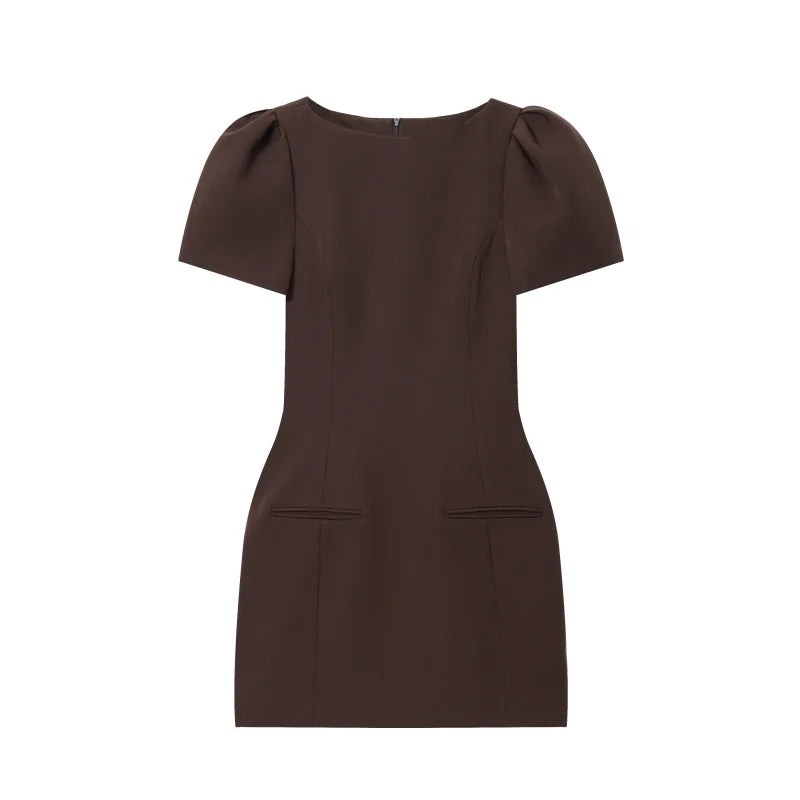 ETJ 2025 women's new products are elegant and stylish Short dress with a boat neck and short sleeves with pleats  black dress