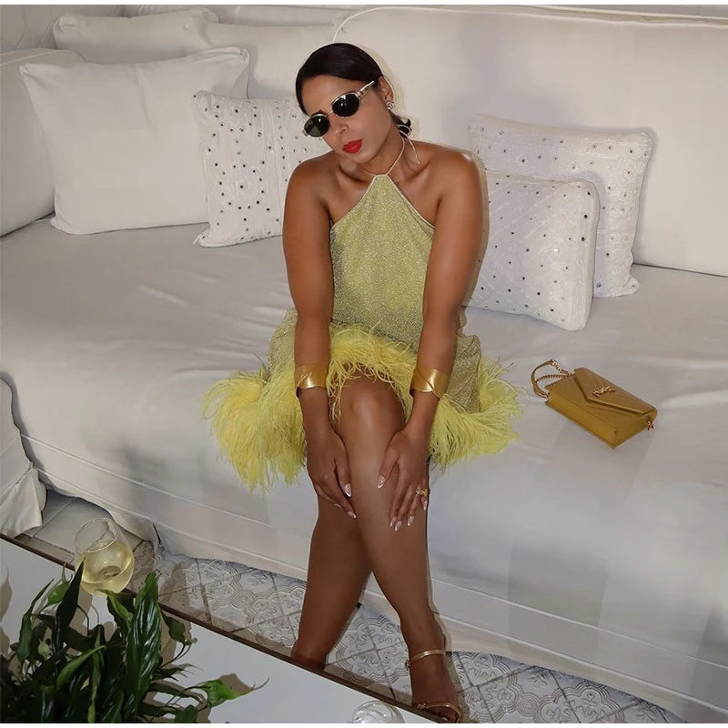 Sexy Feather Patchork Sling Short Dress Women Sleeveless Backless Slim Female Dresses 2026 Spring Summer Lady Beach Chic Robes