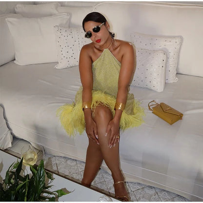Sexy Feather Patchork Sling Short Dress Women Sleeveless Backless Slim Female Dresses 2026 Spring Summer Lady Beach Chic Robes