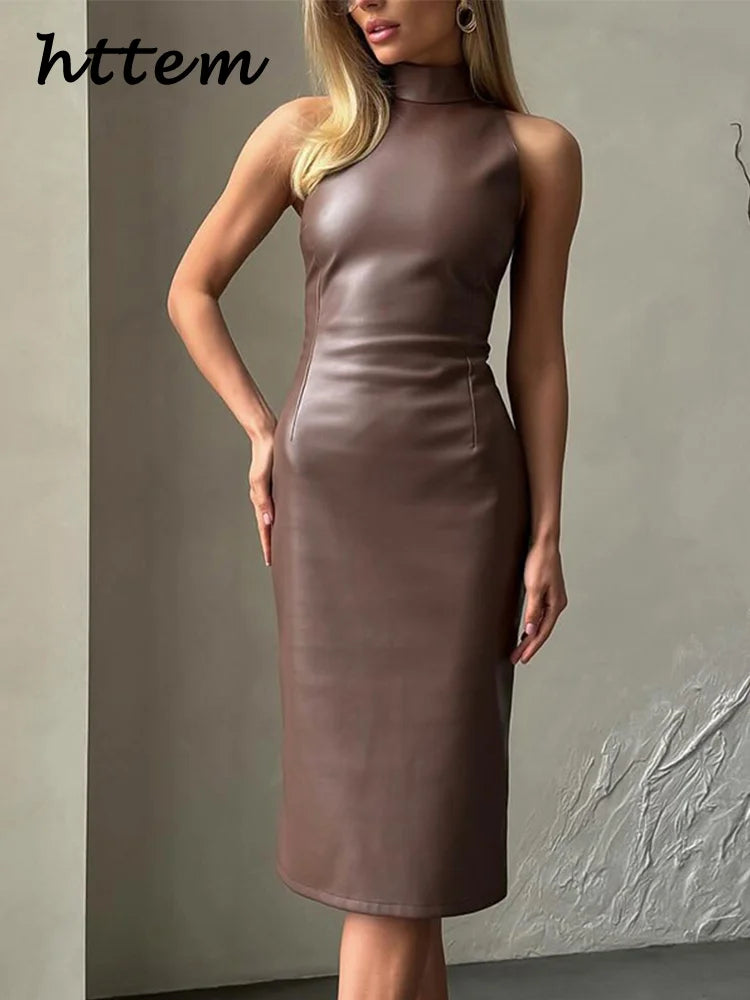 Vintage Midi Leather Dress Women Slim Turtleneck Sleeveless Hip Package Female Dresses 2025 Autumn Lady Elegant Party Vestidos