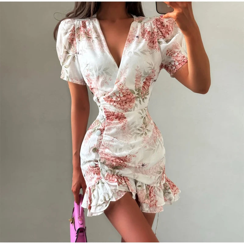 Floral Print V-neck Cinched Waist Dress Women Chic Layered Ruffle Hem Short Sleeved High-waist Dresses 2026 New Street Vestidos