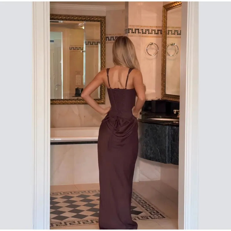 Women Brown Square-neck Pleated Sling Maxi Dress Sexy Sleeveless Off-shoulder Waist Cinching Slim Dresses Evening Party Gown