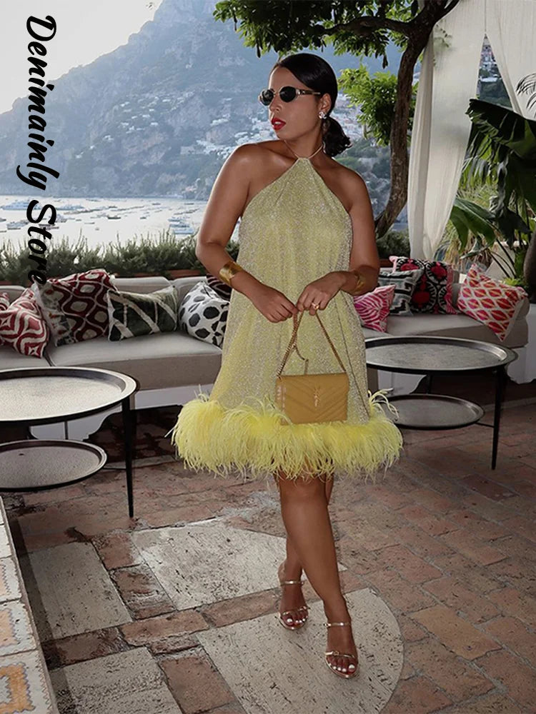 Sexy Feather Patchork Sling Short Dress Women Sleeveless Backless Slim Female Dresses 2026 Spring Summer Lady Beach Chic Robes