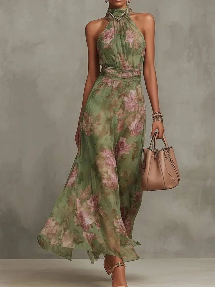 Women Solid Halter Neck Ruffle Long Dress Elegant Sleeveless Chiffon Tiered Waist Cinching Maxi Dresses 2026 New Street Vestidos