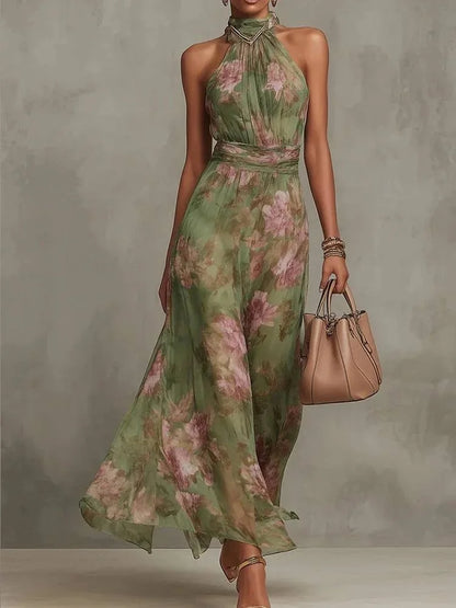 Women Solid Halter Neck Ruffle Long Dress Elegant Sleeveless Chiffon Tiered Waist Cinching Maxi Dresses 2026 New Street Vestidos