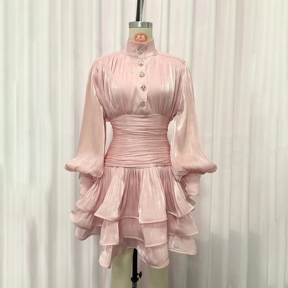 TWOTWINSTYLE Solid Spliced Ruffles Folds Elegant Dresses for Women Stand Neck Long Sleevs Tunic Temperament Dress Female Fashion
