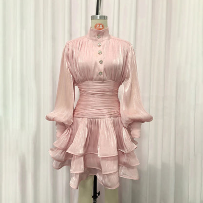 TWOTWINSTYLE Solid Spliced Ruffles Folds Elegant Dresses for Women Stand Neck Long Sleevs Tunic Temperament Dress Female Fashion