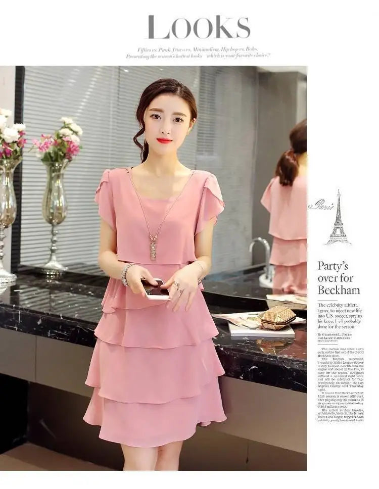 2026 Dress For Women Summer Wave Cut Ruffle Sweet Solid Short Sleeve Slim Dresses Lady Casual All-match Vestido O-Neck Chiffon
