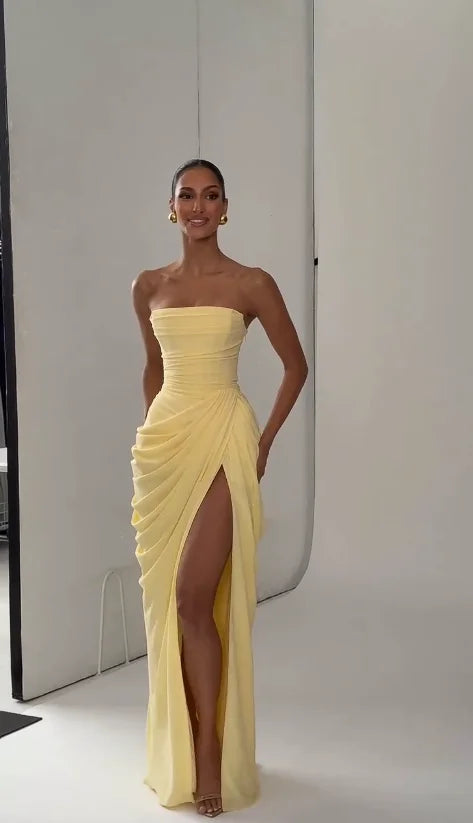Yellow Strapless Pleated Women Split Maxi Dress Elegant Sleeveless Waist Cinching Slim Fit Dresses 2026 Lady Daily Party Gowns