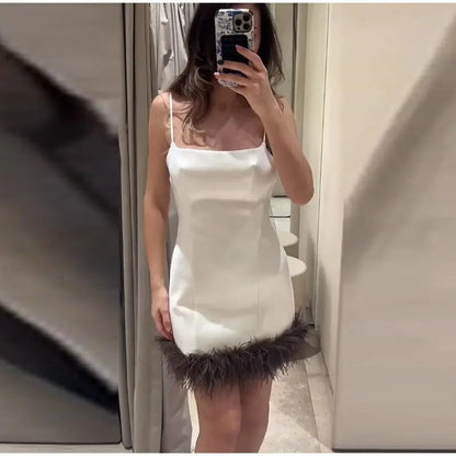 Sexy Feather Patchork Sling Short Dress Women Sleeveless Backless Slim Female Dresses 2026 Spring Summer Lady Beach Chic Robes