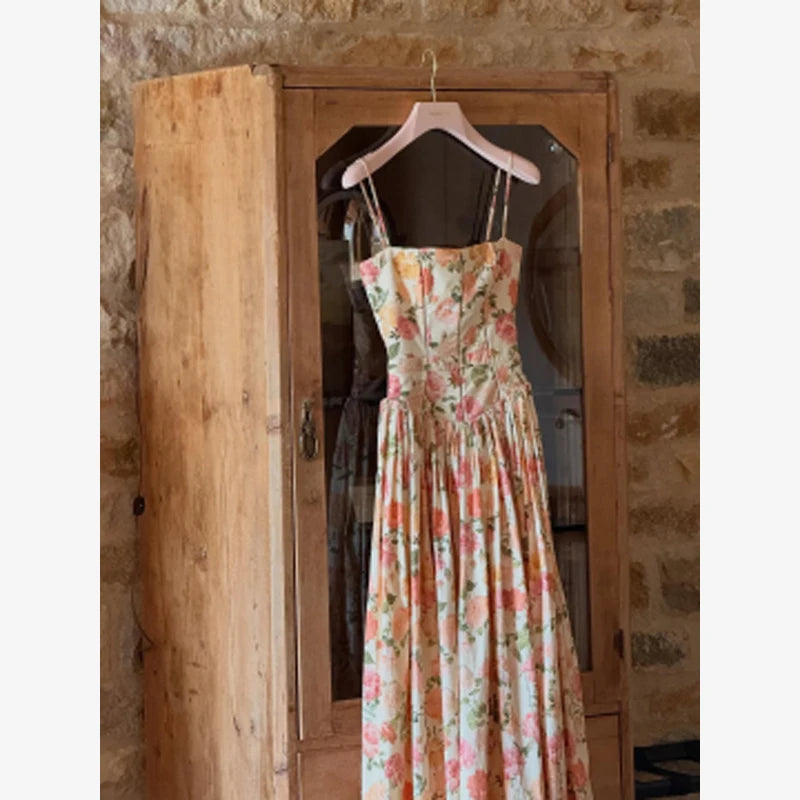 Women Chic Printed Gathered Large Swing Dress Sexy Sleeveless High Waist Slim Fit Sling Dresses 2026 New Lady Party Club Gowns