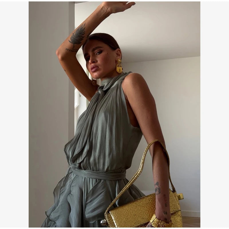 Women Solid Halter Neck Ruffle Long Dress Elegant Sleeveless Chiffon Tiered Waist Cinching Maxi Dresses 2026 New Street Vestidos