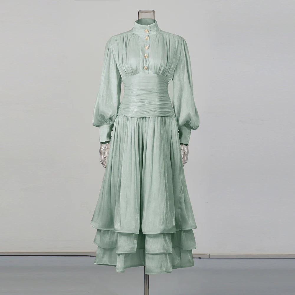 TWOTWINSTYLE Solid Spliced Ruffles Folds Elegant Dresses for Women Stand Neck Long Sleevs Tunic Temperament Dress Female Fashion