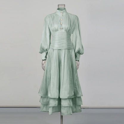 TWOTWINSTYLE Solid Spliced Ruffles Folds Elegant Dresses for Women Stand Neck Long Sleevs Tunic Temperament Dress Female Fashion