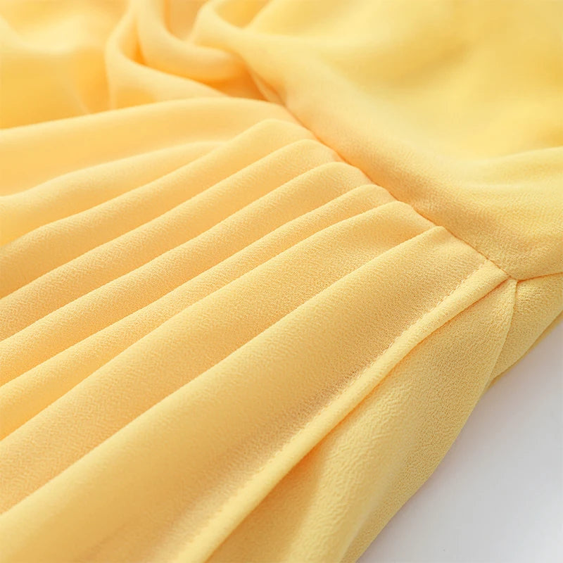 Yellow Strapless Pleated Women Split Maxi Dress Elegant Sleeveless Waist Cinching Slim Fit Dresses 2026 Lady Daily Party Gowns