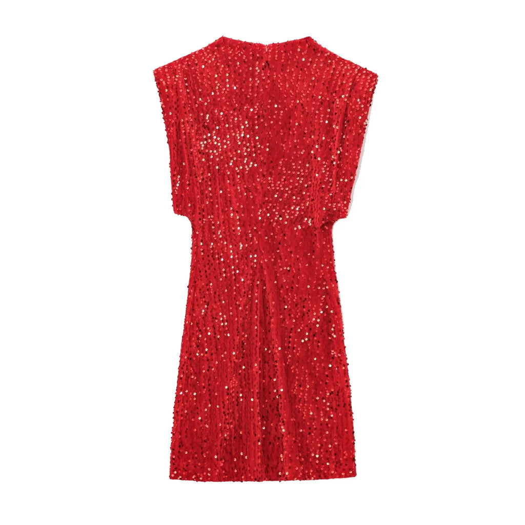 KONDALA 2026 Spring Women Sequined Party Dresses Shoulder Pad Sheath Mini Dress Sleeveless Valentine‘s Day Women Elegant Dresses