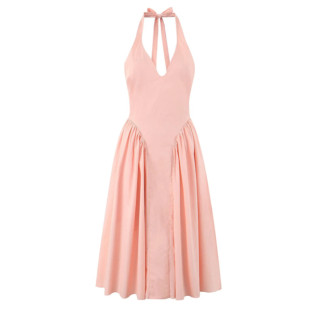 YENKYE Sexy Backless Green Elegant Halter Dress For Women Low Waist A-line Midi Summer Evening Party Dresses Cotton Robe