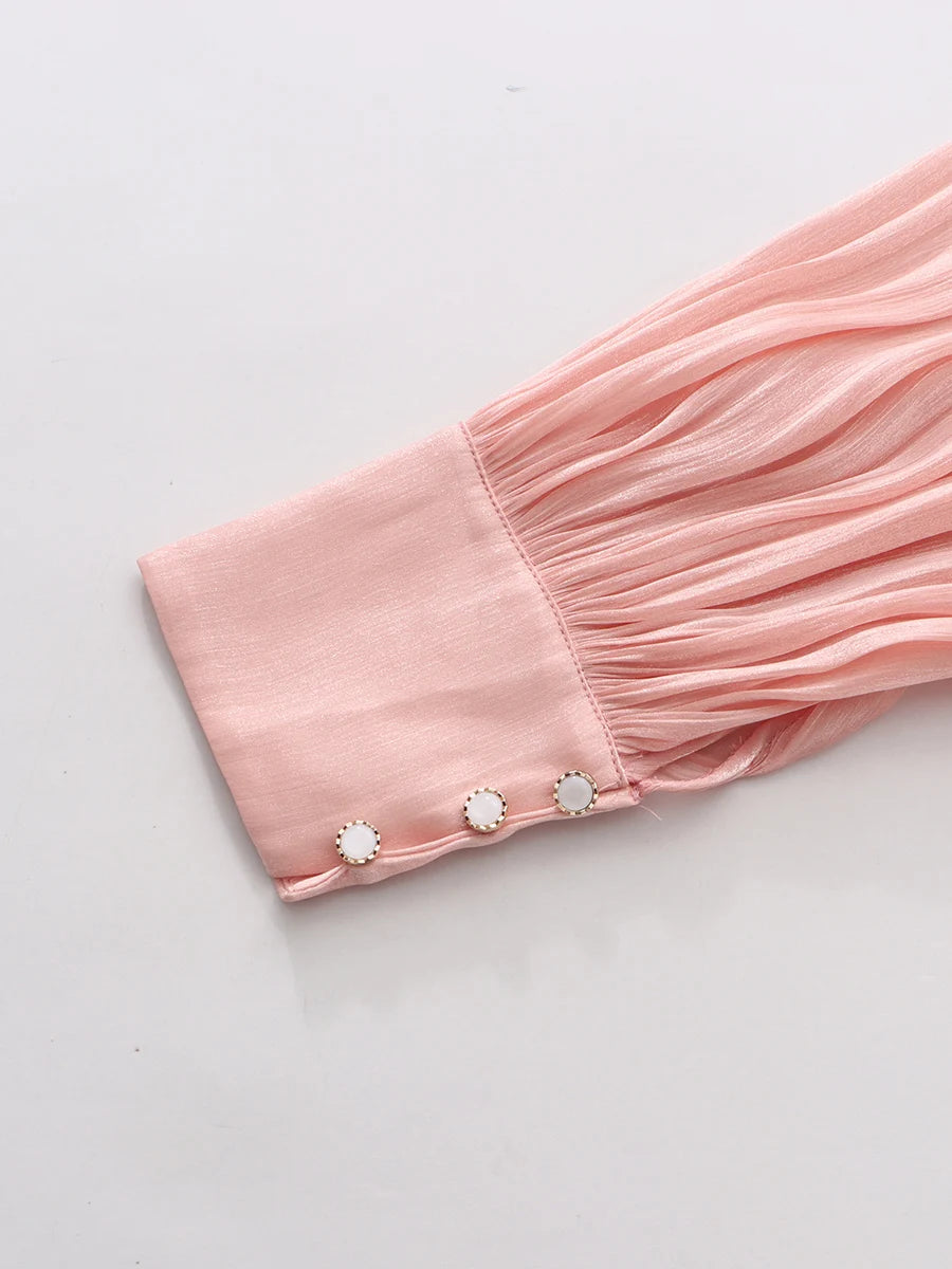 TWOTWINSTYLE Solid Spliced Ruffles Folds Elegant Dresses for Women Stand Neck Long Sleevs Tunic Temperament Dress Female Fashion