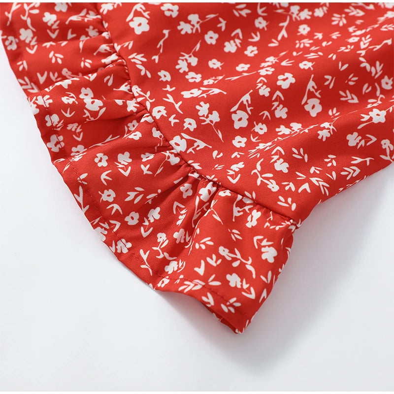 Red Floral Print Peter Pan Collar Women Summer Dress Puff Sleeve V Neck A-line Mini Dresses  2026 Lady Weekend Getaway Vestidos