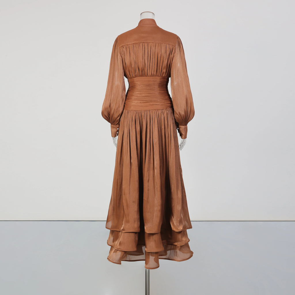 TWOTWINSTYLE Solid Spliced Ruffles Folds Elegant Dresses for Women Stand Neck Long Sleevs Tunic Temperament Dress Female Fashion