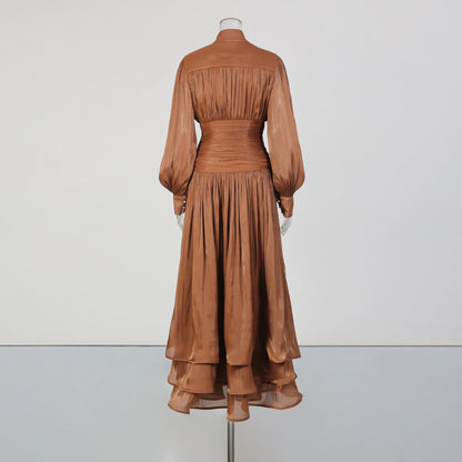 TWOTWINSTYLE Solid Spliced Ruffles Folds Elegant Dresses for Women Stand Neck Long Sleevs Tunic Temperament Dress Female Fashion
