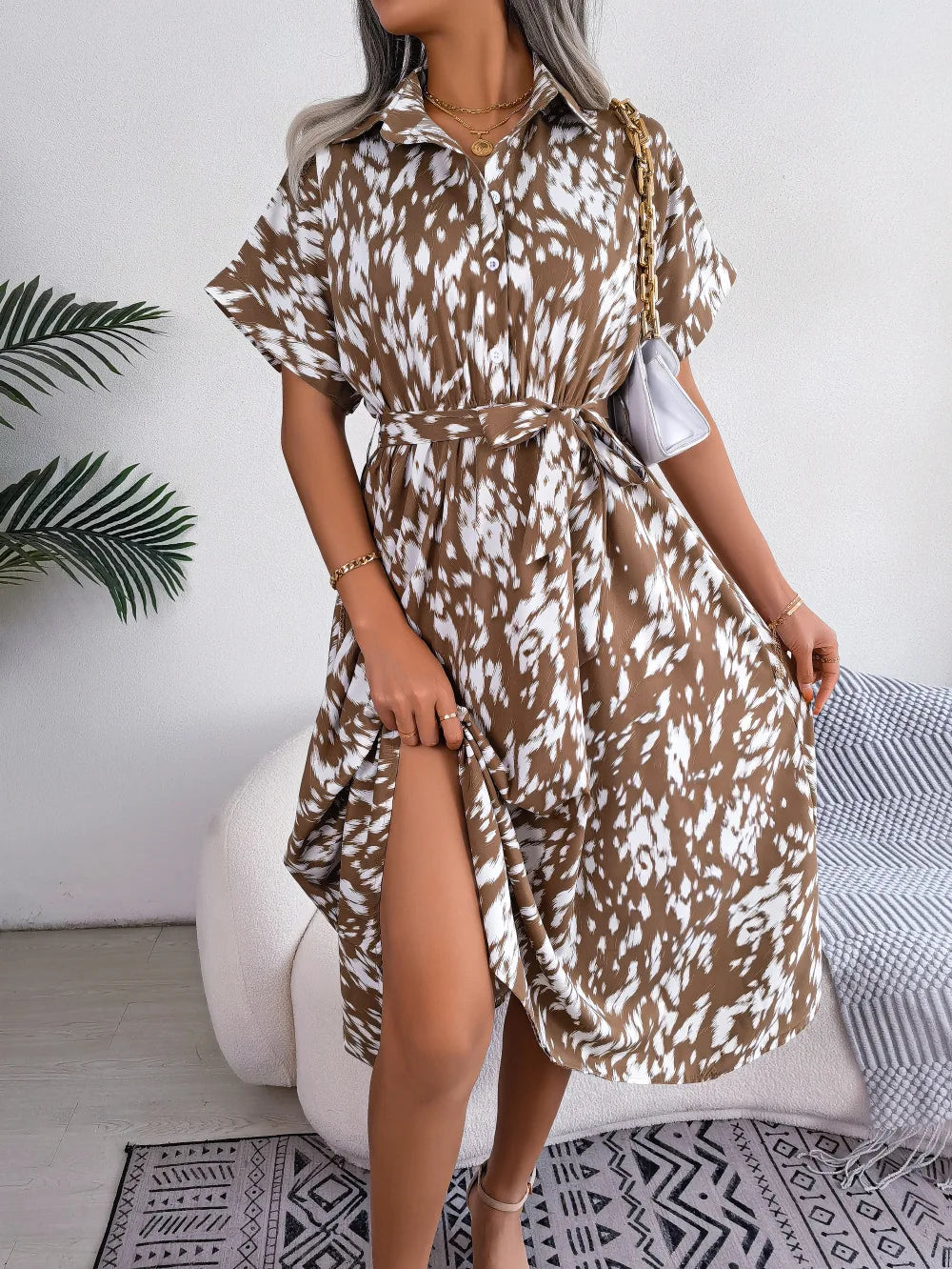 Ficusrong Women Summer Casual Loose Leopard Lace Up Shirt Dress For Ladies Fashion All Match Chic Dresses