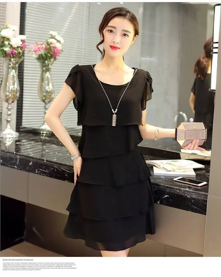 2026 Dress For Women Summer Wave Cut Ruffle Sweet Solid Short Sleeve Slim Dresses Lady Casual All-match Vestido O-Neck Chiffon