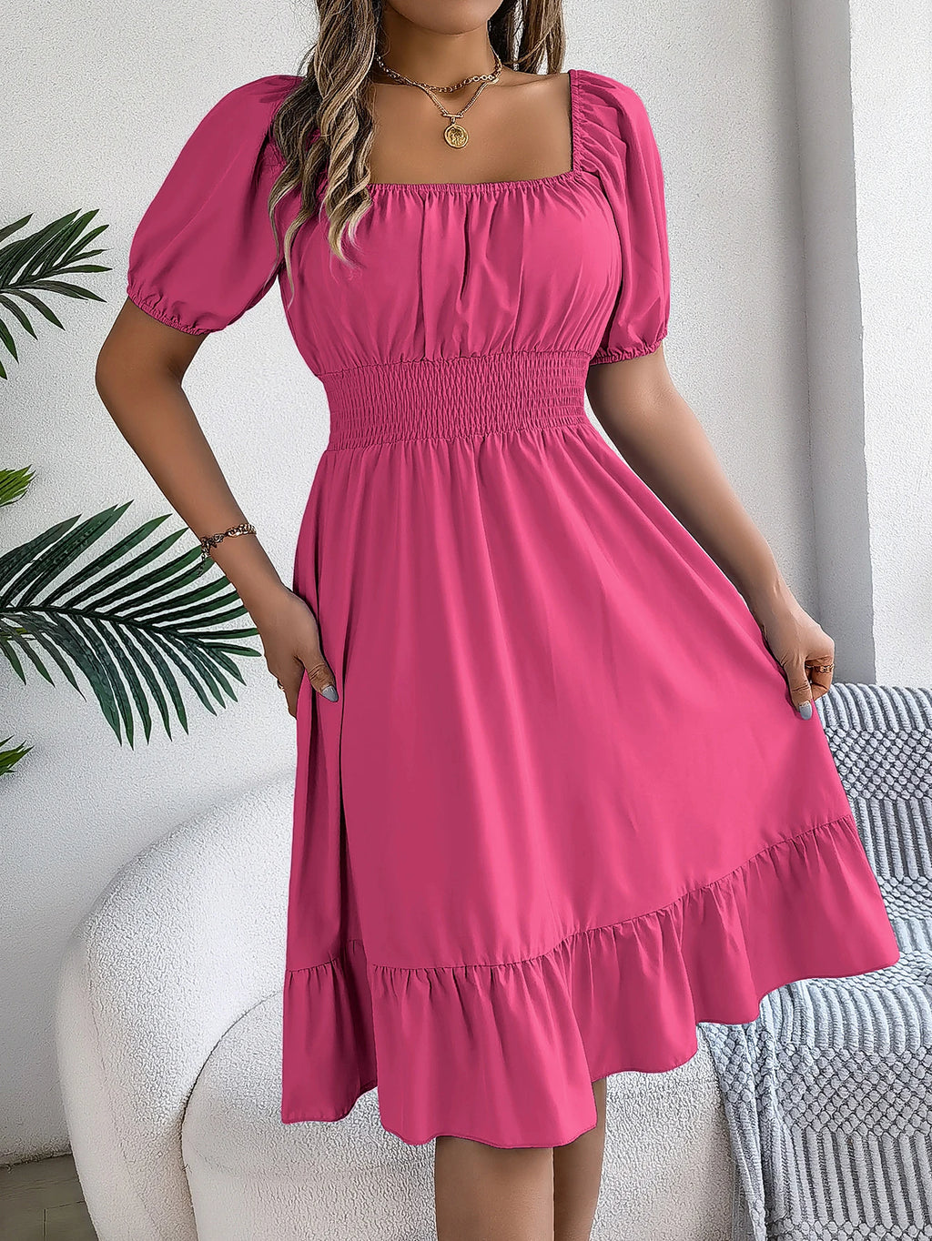 Spring Summer Elegant High Waisted Dress Square Neck Short Sleeved Ruffled Edge Long Dresses 2026 Valentine's Day Woman Clothing