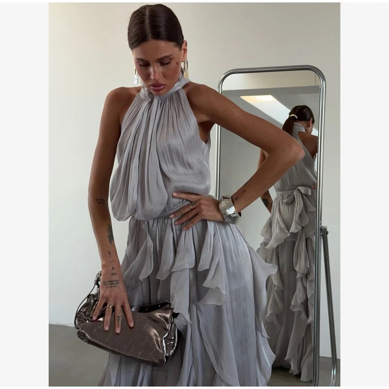 Women Solid Halter Neck Ruffle Long Dress Elegant Sleeveless Chiffon Tiered Waist Cinching Maxi Dresses 2026 New Street Vestidos