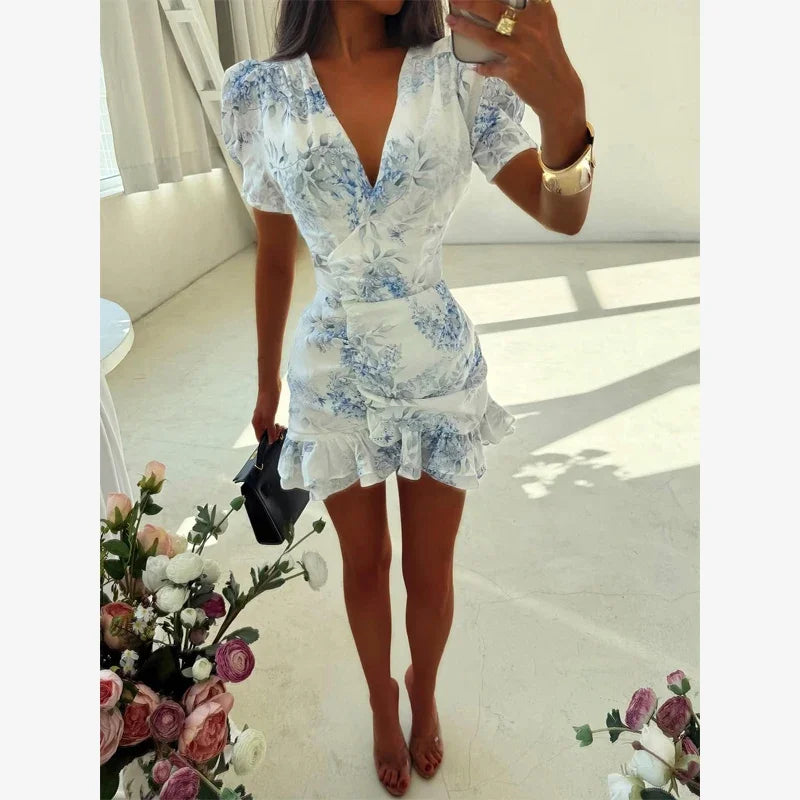 Chic Ruffle Print Slim Fit Dress Women Chic Flared sleeves V-neck Pleated Short Dresses 2026 Lady Summer Casual Daily Vestidos