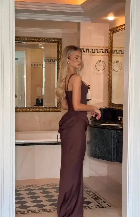Solid Pleated Sling Dress Square Neck Sleeveless Off-shoulder Waist Cinching Slim Women Dresses Fashion Evening Party Gowns 2025