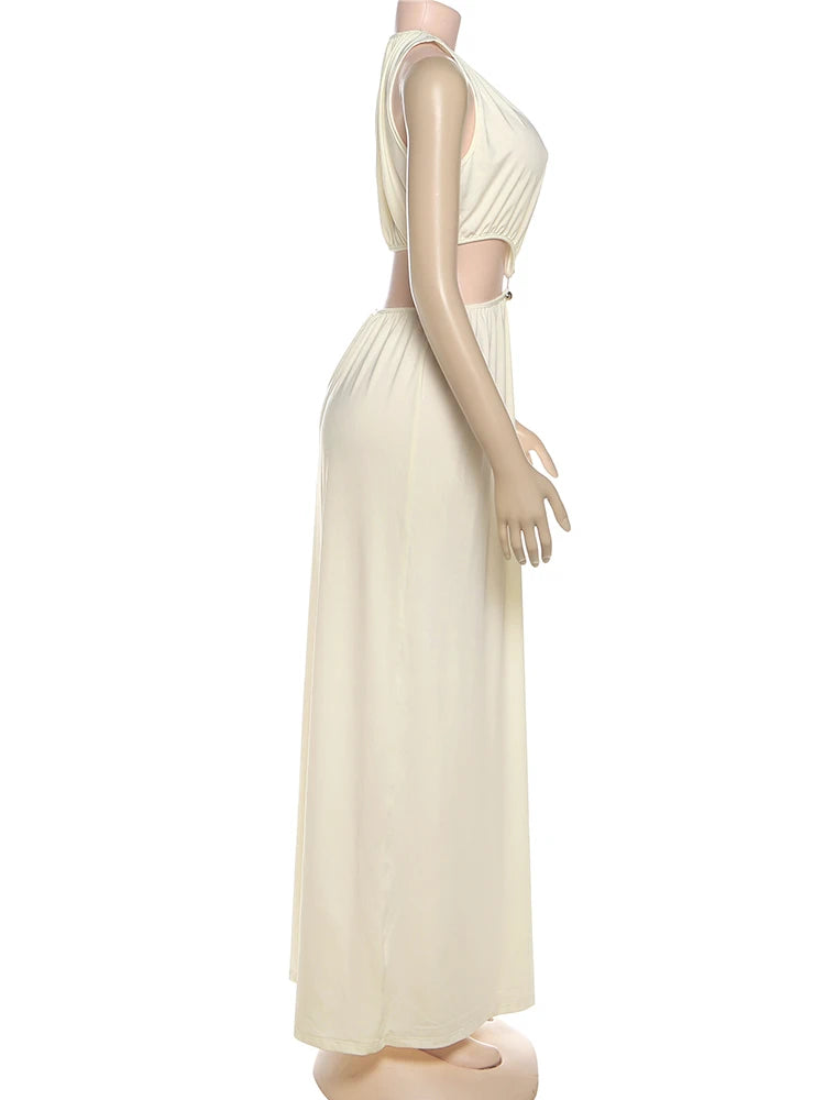 kliou Shirring Waistless Women Maxi Dresses Hipster Simple Sleeveless Splice O-neck Sheath Straight Robe Female Evening Frock