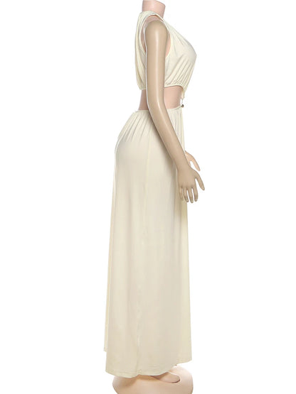 kliou Shirring Waistless Women Maxi Dresses Hipster Simple Sleeveless Splice O-neck Sheath Straight Robe Female Evening Frock