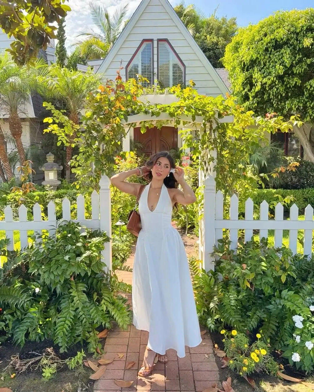 YENKYE Sexy Backless Green Elegant Halter Dress For Women Low Waist A-line Midi Summer Evening Party Dresses Cotton Robe