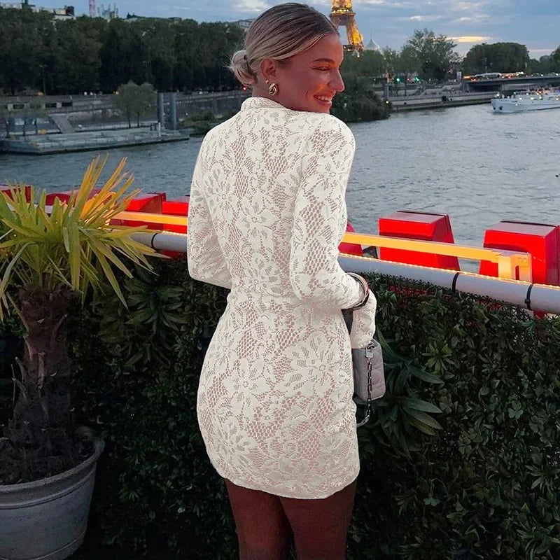 Suninheart Hollow Out Long Sleeve Cocktail Dress for Women 2025 Winter Stand Collar Club Party Dresses Lace Elegant Dresses