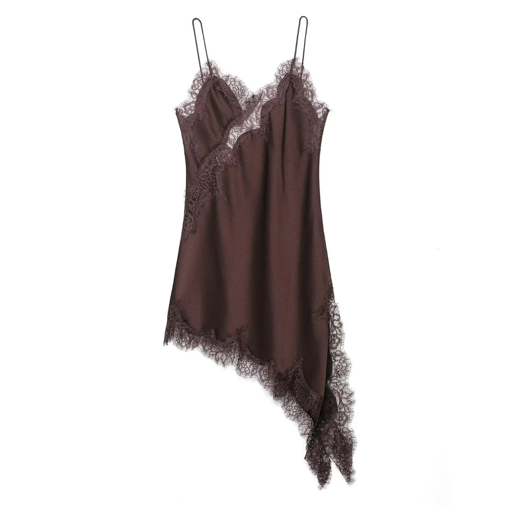 Satin Sexy Lace Spliced Short Sling Dress Women Sleeveless Backless Asymmetric Sexy Party Dresses 2026 Summer Lady Dress ﻿