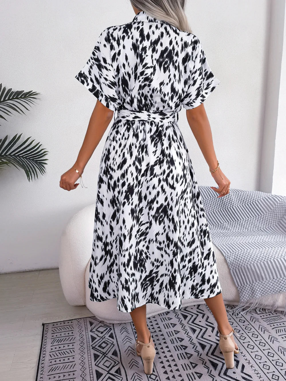 Ficusrong Women Summer Casual Loose Leopard Lace Up Shirt Dress For Ladies Fashion All Match Chic Dresses