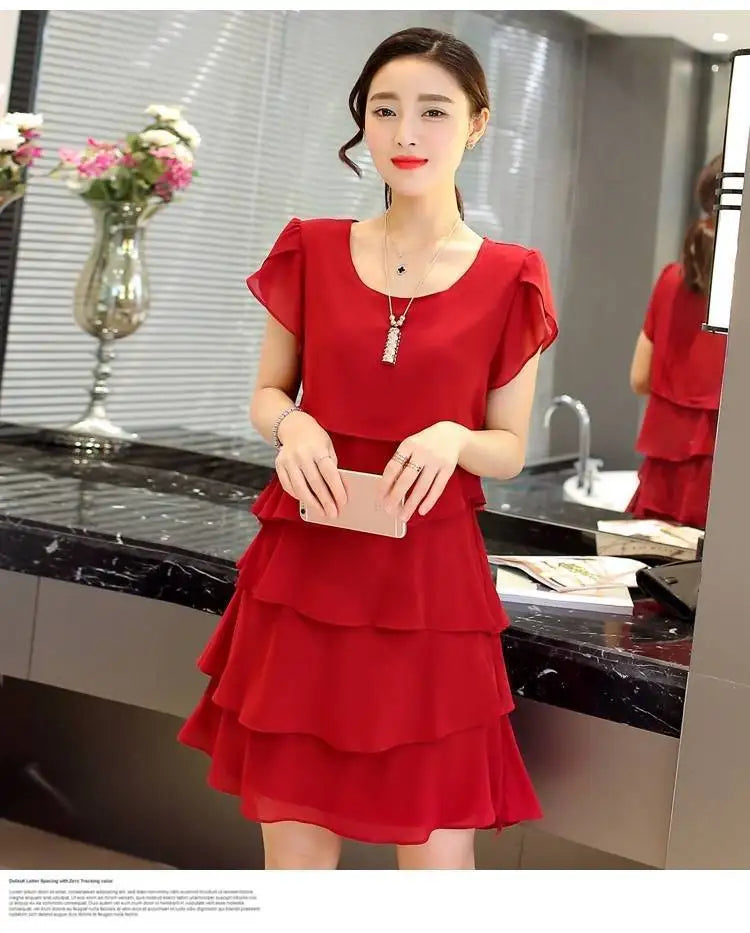 2026 Dress For Women Summer Wave Cut Ruffle Sweet Solid Short Sleeve Slim Dresses Lady Casual All-match Vestido O-Neck Chiffon